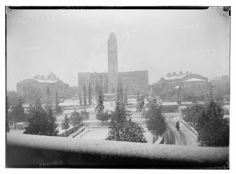 The Y bldg (YMCA) and the King David Hotel on a snowy day in Jerusalem taken Jan. 30, 1943