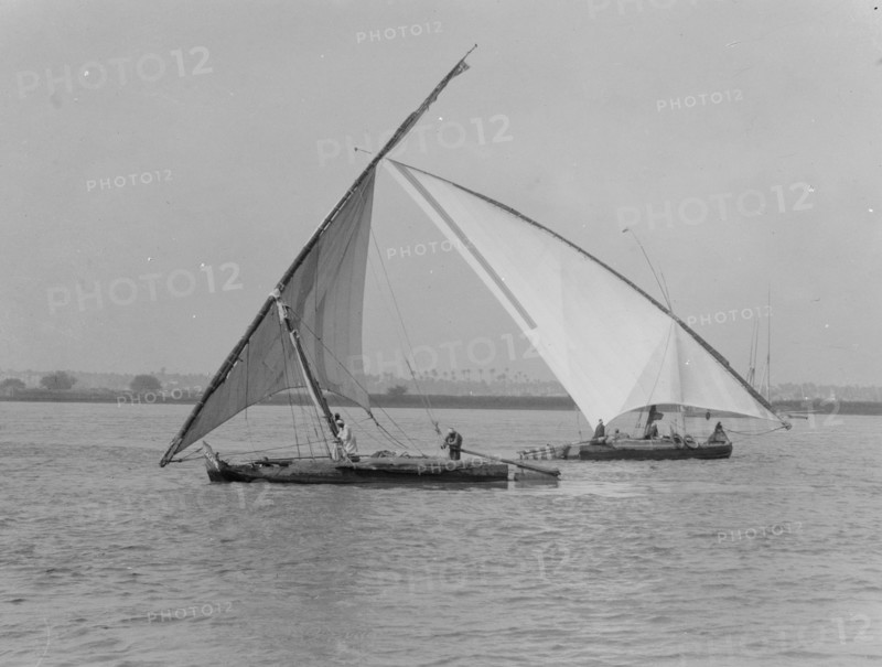 Sailed Falukas boats on the Nile, near Cairo Egypt, typical triangular sails ca. 1934
