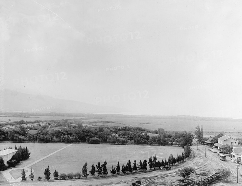Sugar plantation in Hawaii. Showing shipping port in distance ca.  between 1910 and 1920