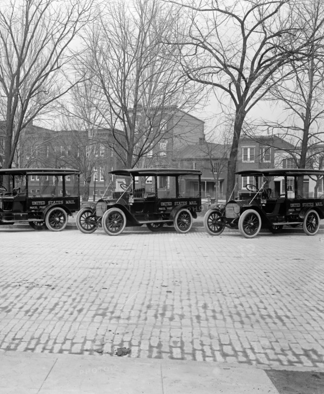 Parked U.S. Mail trucks ca.  between 1910 and 1935