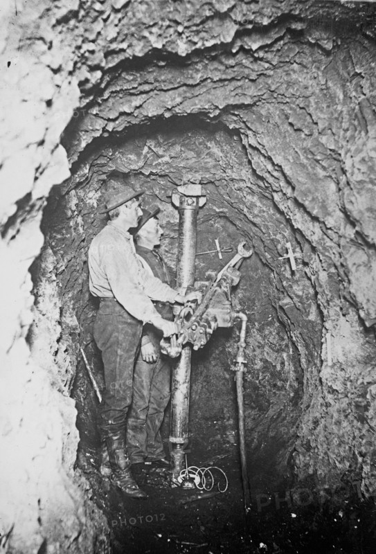 Workers air drilling at the Iron Silver Mine ca. between 1909 and 1920