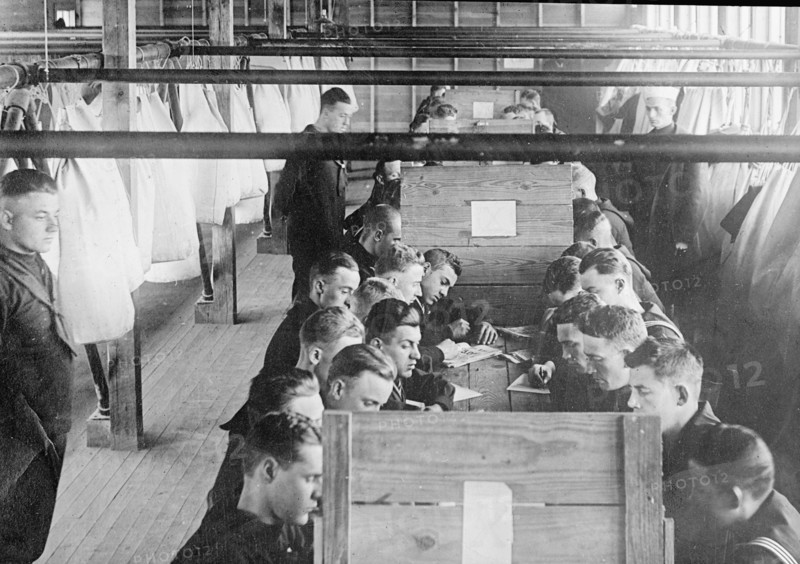 Sailors participate in a Great Lakes Naval training station radio class ca. between 1909 and 1920
