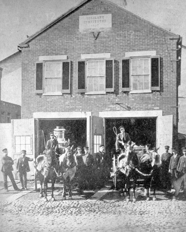 Fire house with horse drawn engines, Washington., D.C. ca. between 1909 and 1940