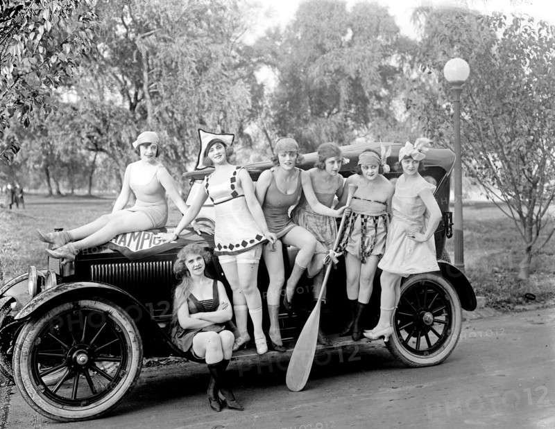 Mack Sennett Girls standing on a car ca.  between 1918 and 1928