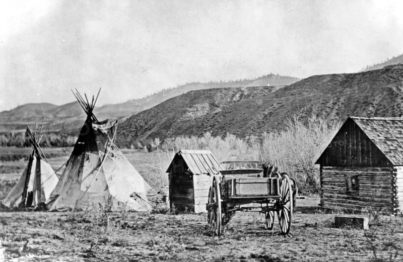 A building and a teepee at the Colville agency, Colville Indian Reservation ca. 1909