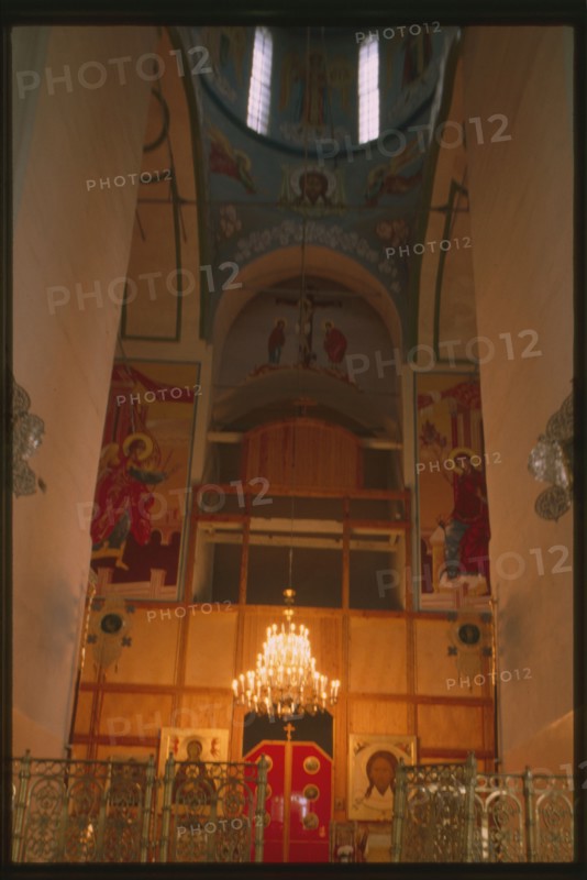 Cathedral of St. Sophia and Dormition (1681-86), interior, view east toward icon screen being repainted after devastation of Soviet era, Tobol'sk, Russia 1999.