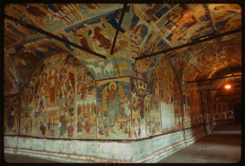 Church of John the Baptist at Tolchkovo (1671-87), interior, south gallery frescoes on ceiling vault (1694-95), Yaroslavl', Russia; 1992