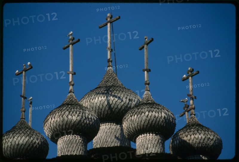 Church of the Intercession (1764), cupolas, southwest view, Kizhi Island, Russia; 1991