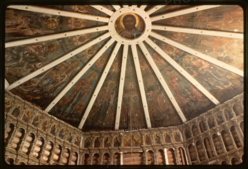 Church of the Epiphany (1787), interior, view east with  nebo (sky, or painted ceiling), Oshevensk, Russia 1998.