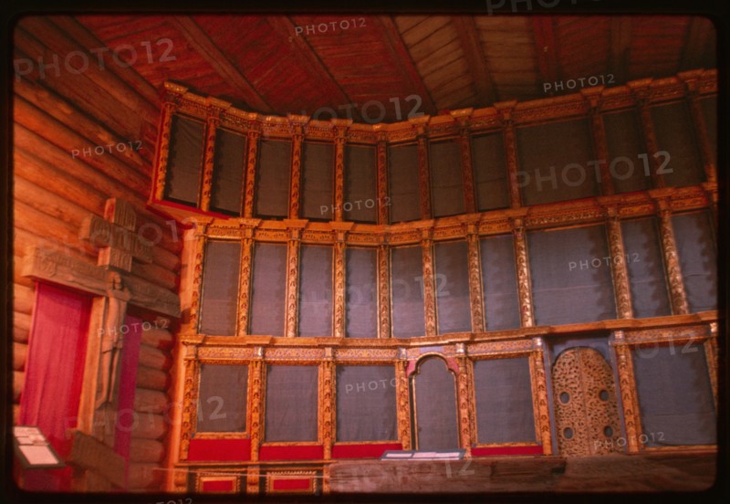 Church of St. George, from Vershina village (Verkhnetoima Region) (1672), interior with icon screen (icons have been removed), reassembled at Malye Korely Architectural Preserve, Russia 1998.
