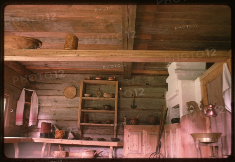 Log house from Kondratevskaia village (Verkhnetoima Region) (19th century), interior, main room, reassembled at Malye Korely Architectural Preserve, Russia 1998.