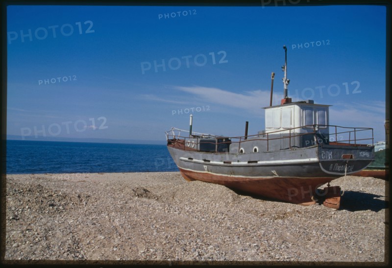 Eastern Shore of Lake Baikal, with fishing boat, Posol'skoe, Russia; 2000
