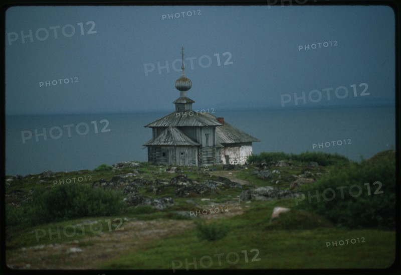 Church of St. Andrew (1702), southeast view, with White Sea in background, Bol'shoi Zaiatskii Island, Russia; 1999