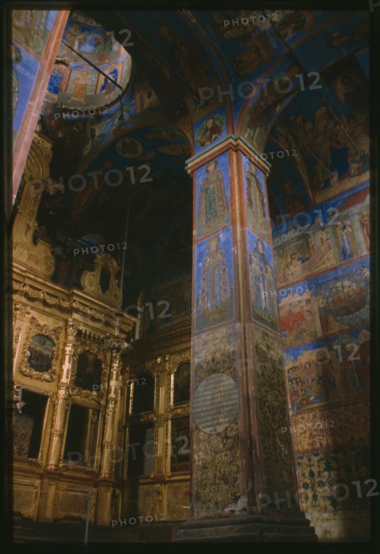 Church of Saint Nicholas Nadein (1620-22), interior, southeast corner, with icon screen and frescoes of scenes from the life of Saint Nicholas, Yaroslavl', Russia; 1997
