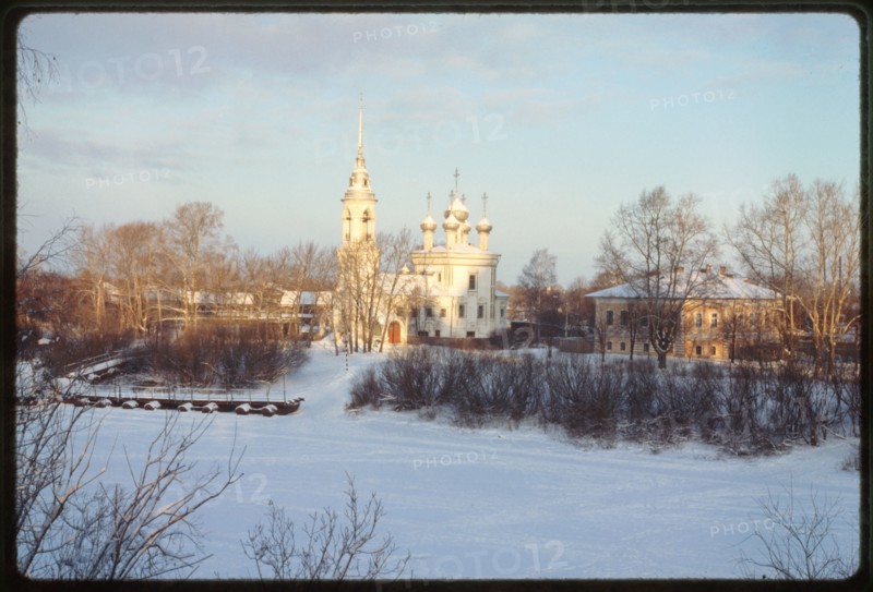 Church of the Purification (1731-35), southwest view, with Vologda River in winter, Vologda, Russia 1997.
