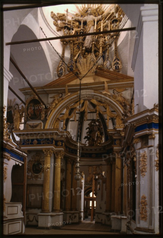Cathedral of the Transfiguration (1668-70s), interior, east view with icon screen, Belozersk, Russia; 1998