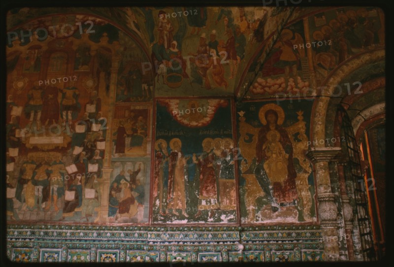 Church of Elijah the Prophet (1647-50), interior, west gallery, with ceramic ornament and fresco of Christ bound by Roman soldiers (1715-16), Yaroslavl', Russia; 1992