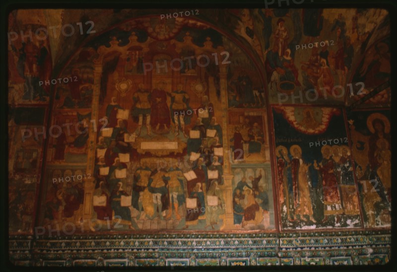 Church of Elijah the Prophet (1647-50), interior, west gallery, with ceramic ornament and fresco of Christ bound by Roman soldiers (1715-16), Yaroslavl', Russia; 1992