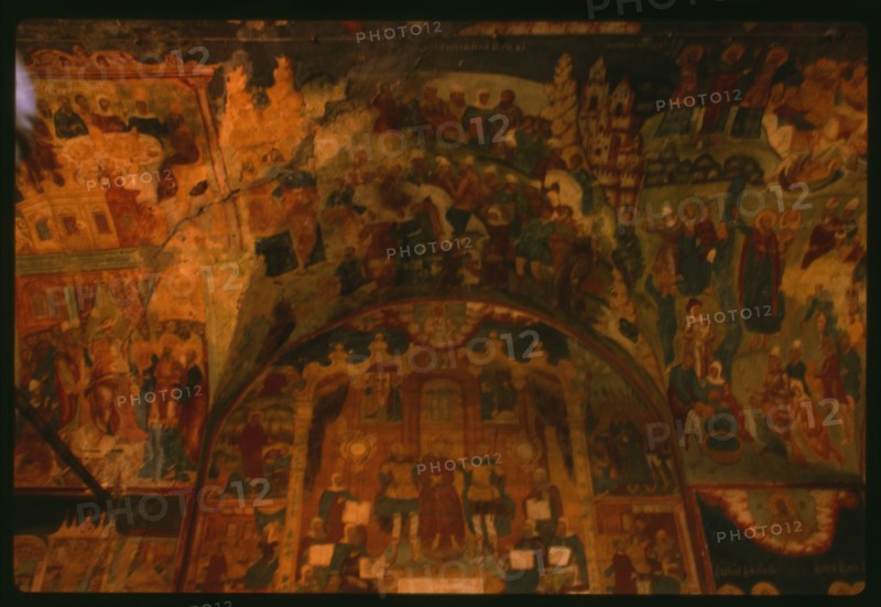 Church of Elijah the Prophet (1647-50), interior, west gallery, with frescoes of scenes from the final days of Christ in Jerusalem (1715-16), Yaroslavl', Russia; 1992