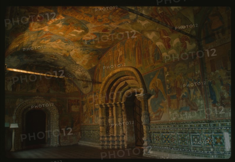 Church of Elijah the Prophet (1647-50), interior, north gallery, view east, with frescoes and ceramic ornament (1715-16), Yaroslavl', Russia; 1992