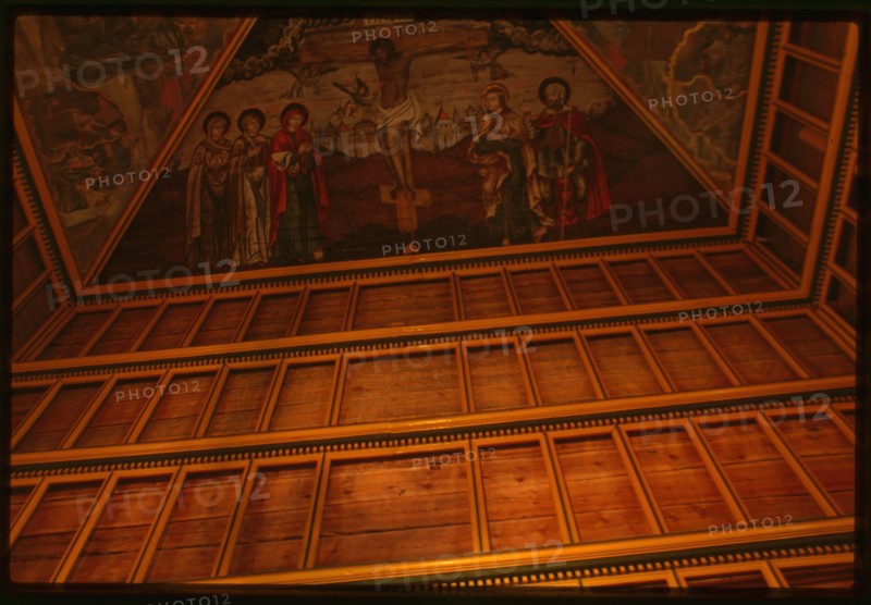 Log Church of the Prophet Elijah (1690-96), interior, ceiling painting of Crucifixion, Belozersk, Russia; 1999