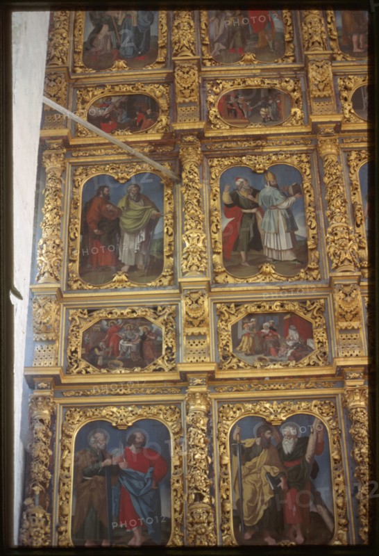 Church of the Presentation of the Virgin (1688-93), interior, icon screen details, Sol'vychegodsk, Russia 1999.