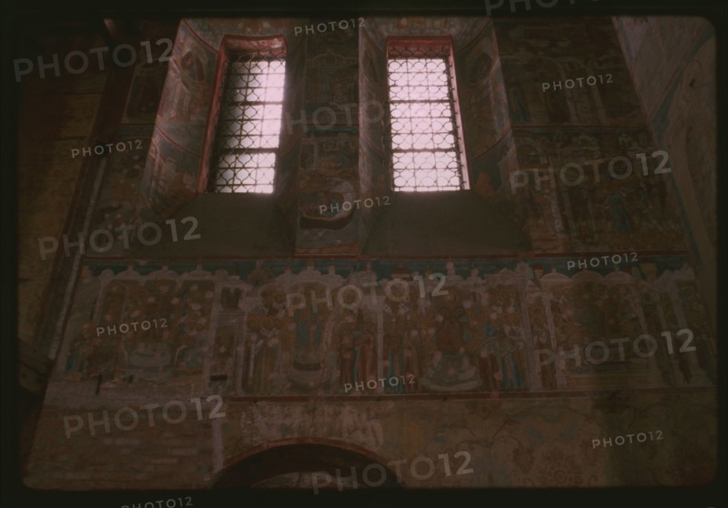 Church of Saint Nicholas Mokryi (1665-72), interior, south wall, including frescoes depicting Ecumenical Councils (1672), Yaroslavl', Russia; 1997