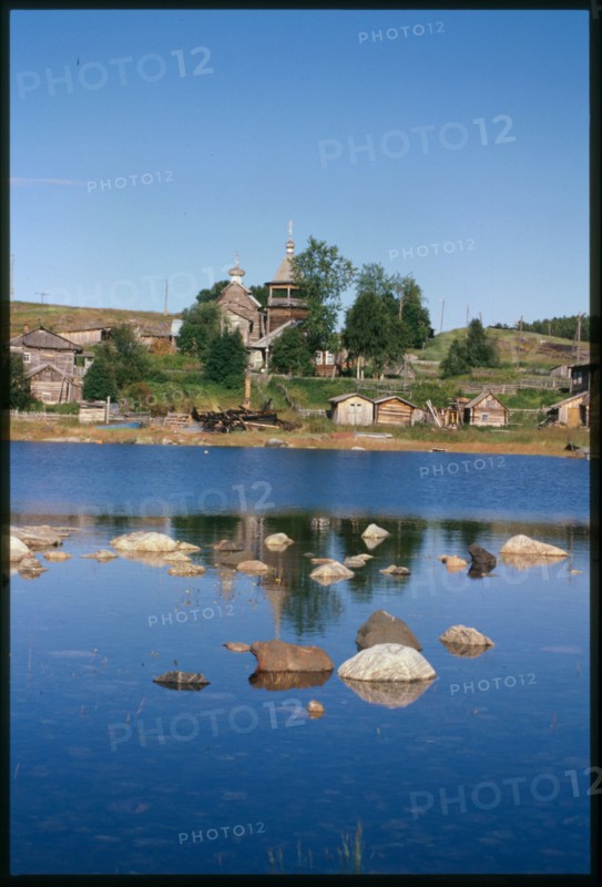 Church of St. Nicholas (1705), west view, across mouth of Kovda River, Kovda, Russia; 2001