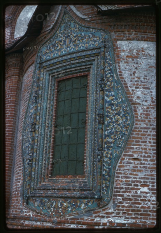 Church of Saint John Chrysostome in Korovniki (1649-54), east facade, decorative ceramic window surround, Yaroslavl', Russia; 1987