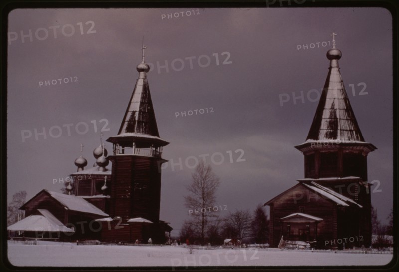 Pogost (churches and cemetery) (18th-19th centuries), west view, Liadny, Russia 1998.