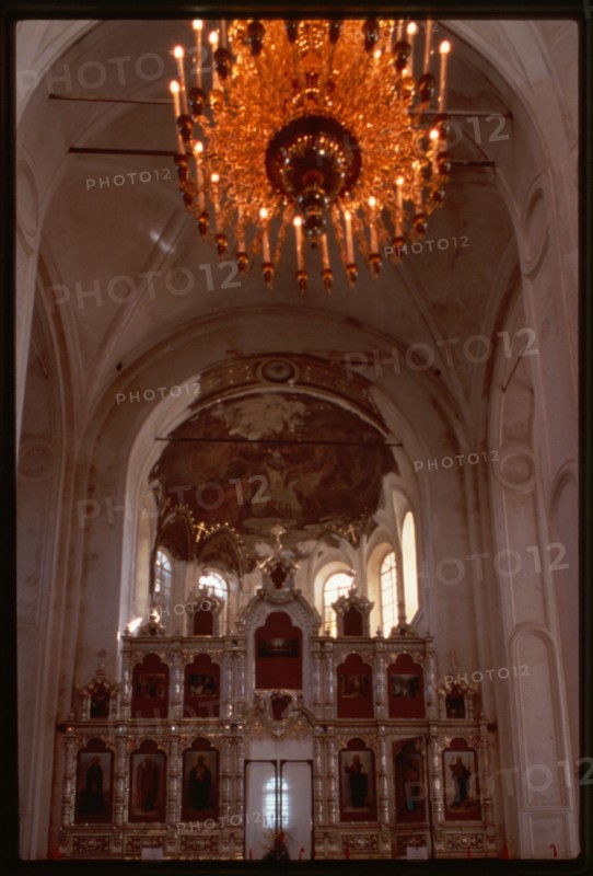 St. Nicholas Monastery, Cathedral of the Elevation of the Cross (1905-13), east view with restored icon screen, Verkhotur'e, Russia 1999.