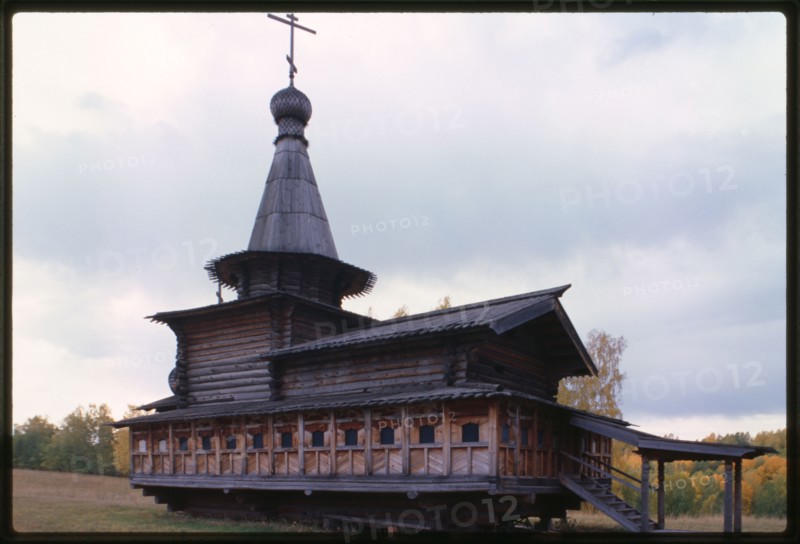 Log Church of the Savior from the village of Zashiversk (1700), northwest view, moved and reassembled in the Outdoor Architecture and History Museum at Akademgorodok, Russia 1999.