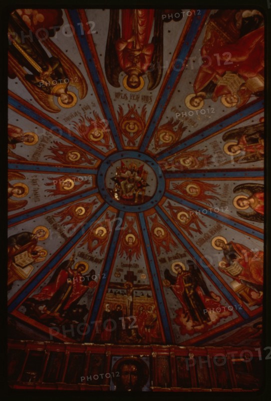 Church of the Intercession (1743, 1761), interior, view east with upper tier of icon screen and nebo (sky or painted ceiling), Liadiny, Russia 1998.