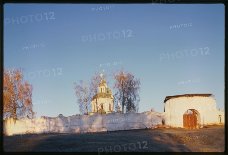 Monastery of the Transfiguration of the Savior, east view, with monastery wall, Eniseisk, Russia; 1999