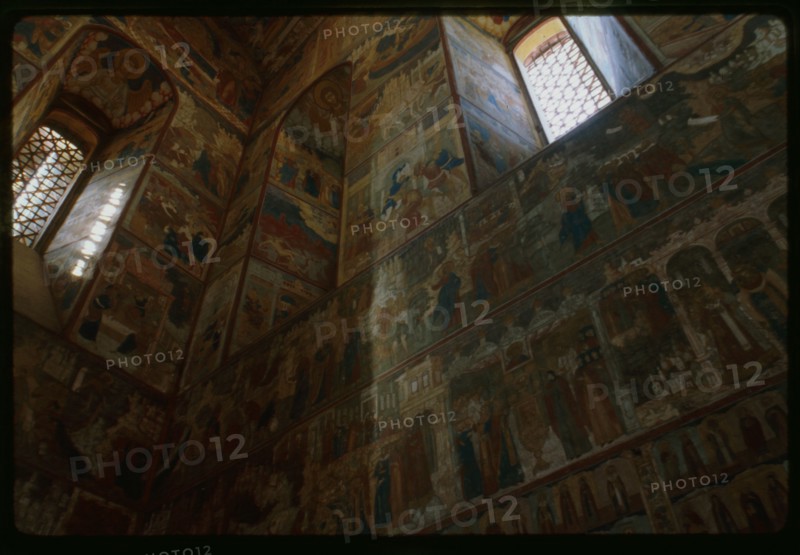 Church of John the Baptist at Tolchkovo (1671-87), interior, northwest corner with frescoes (1694-95), Yaroslavl', Russia; 1997