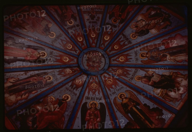 Church of the Intercession (1743, 1761), interior, view of nebo (sky, or painted ceiling), Liadiny, Russia 1998.