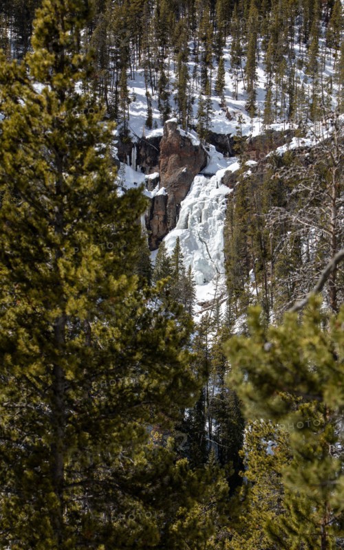 An iced-over small waterfalls Crystal falls in Yellowstone National Park; Date: 17 April 2020