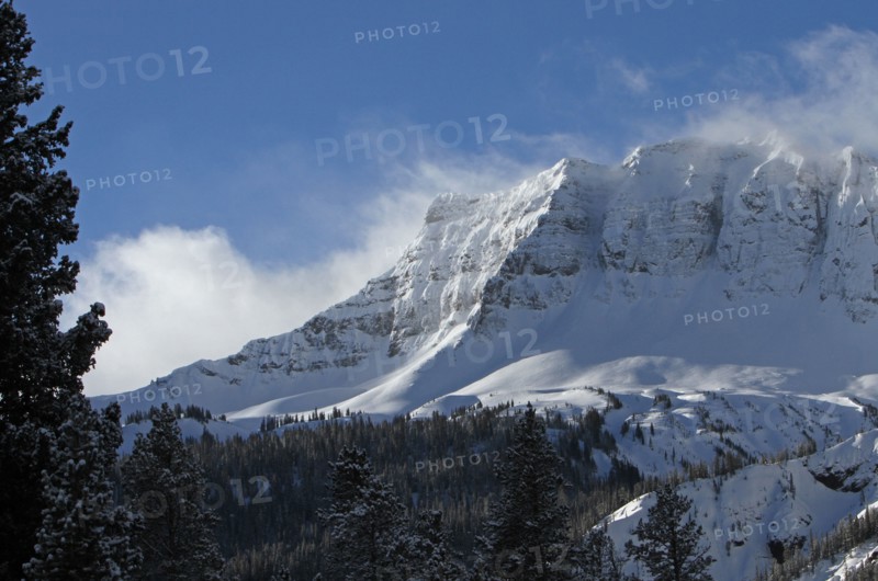 Close up of  snowcovered Amphitheater Mountain in Yellowstone National park as seen from Silver Gate Montana; Date:  15 February 2013