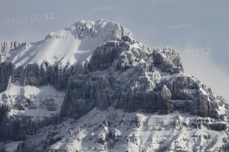 Close up of the top of a rugged, snow covered mountain. 10,300' peak on south ridge of Amphitheater Mountain in Yellowstone National Park; Date: 9 January 2013