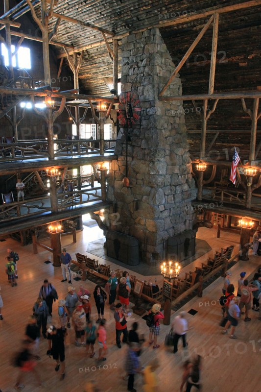 Old Faithful Inn lobby in Yellowstone National Park; Date: 22 July 2013
