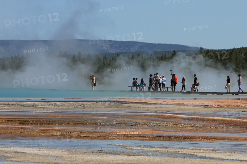 Visitors on boardwalk at Grand Prismatic Spring in Midway Geyser Basin in Yellowstone National Park; Date:  18 June 2013