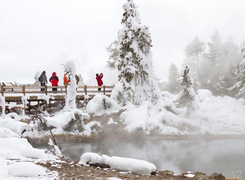 Visitors and ghost trees at Fountain Paint Pot in Yellowstone National Park; Date: 19 January 2016