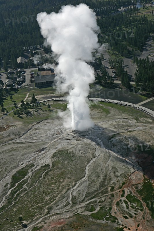 Aerial view of Old Faithful Geyser in Yellowstone National Park; Date: 22 June 2006