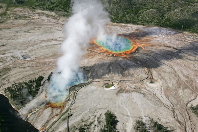 Aerial view of Excelsior Geyser and Grand Prismatic Spring in Midway Geyser Basin in Yellowstone National Park; Date: 22 June 2006