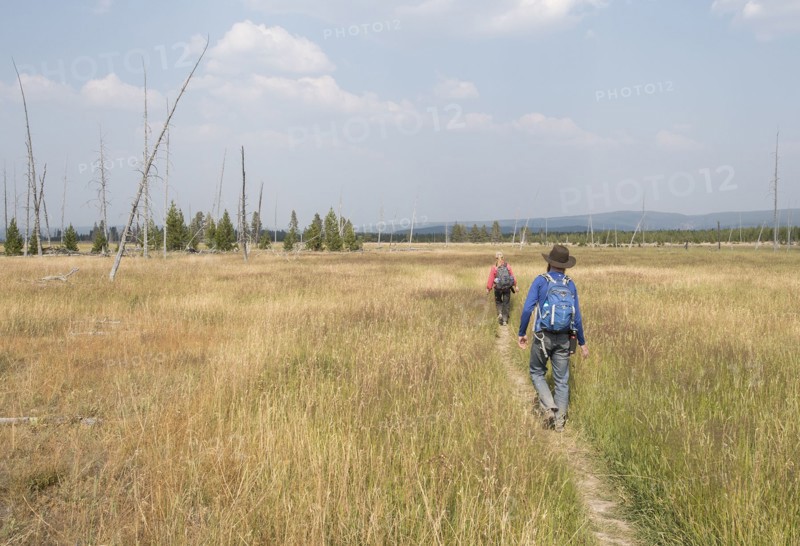 Hikers crossing a large flat, open meadow. Sentinel Meadows Trail in Yellowstone National Park; Date:  7 August 2017
