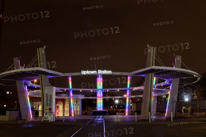 Night photo of Uptown Station (buses and trains) in the Uptown area of Dallas, TX