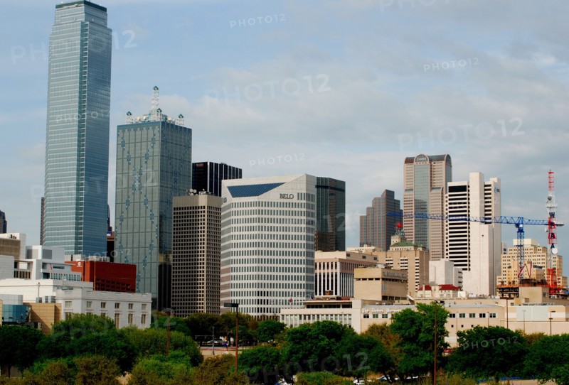 Construction cranes in downtown Dallas, TX (view looking east) ca. 2010