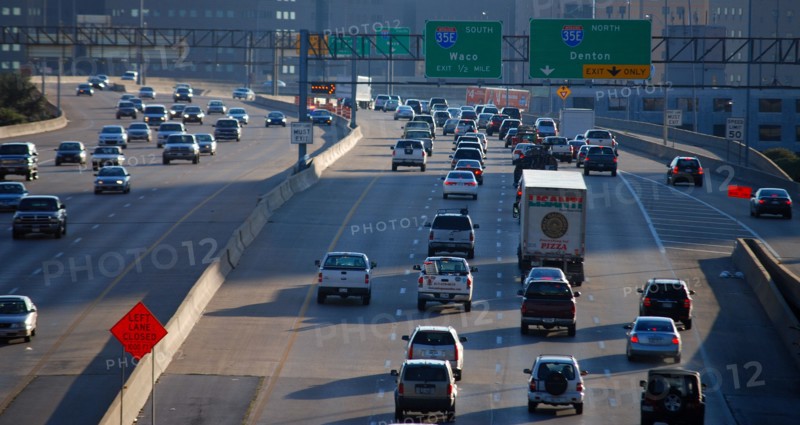 Busy late afternoon highway traffic in downtown Dallas, TX