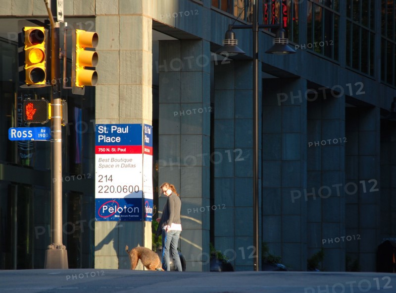 A woman walks her dog in downtown Dallas, TX