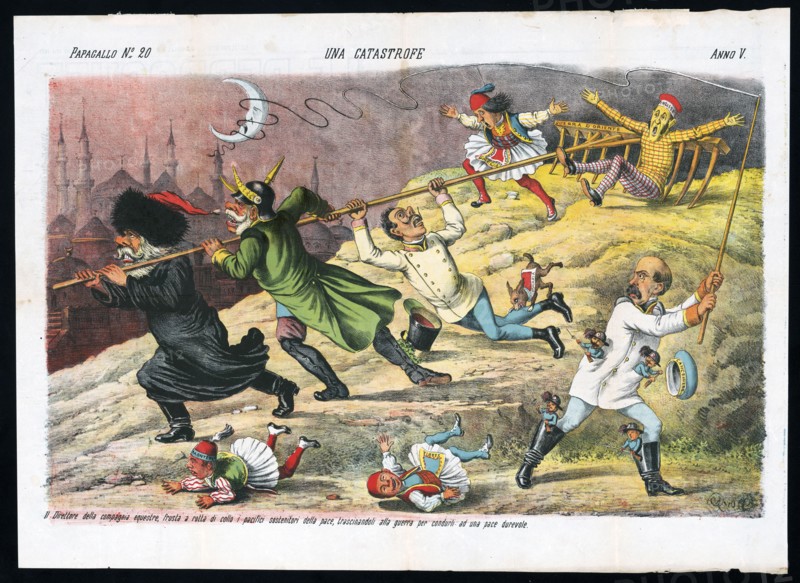Una catastrofe - Italian political cartoon ca. 1877 by Grossi